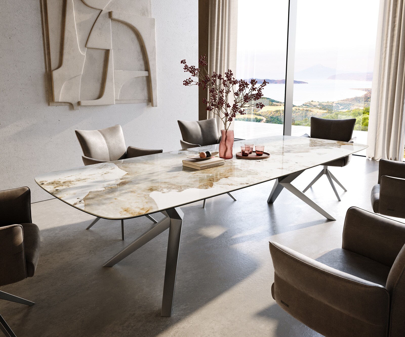 Esstisch Edge Boot 300x120 cm Keramik Minas Melange Weiß-Beige Zenthara kantig Edelstahl 1