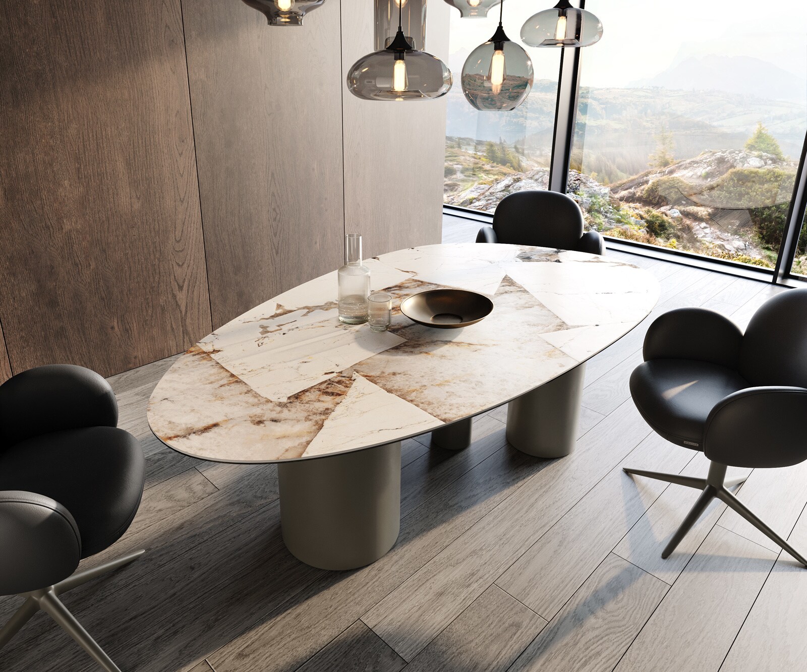 Table à manger Edge ovalee 220x120 céramique Iris FMG Patagonia Lappato Troa métal effet finition titanee 1