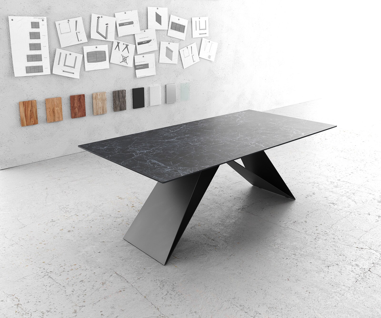 Table-à-manger Edge 200x100cm Laminam® céramique gris V-pieds milieu noir 1