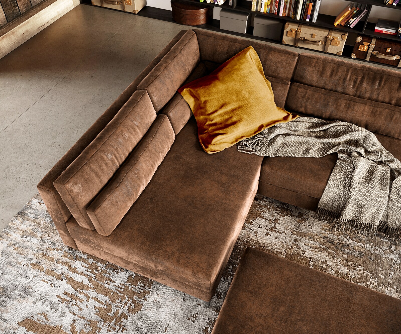 Wohnlandschaft Elio 300x185 cm Lederimitat Vintage Braun Antik mit Hocker 7