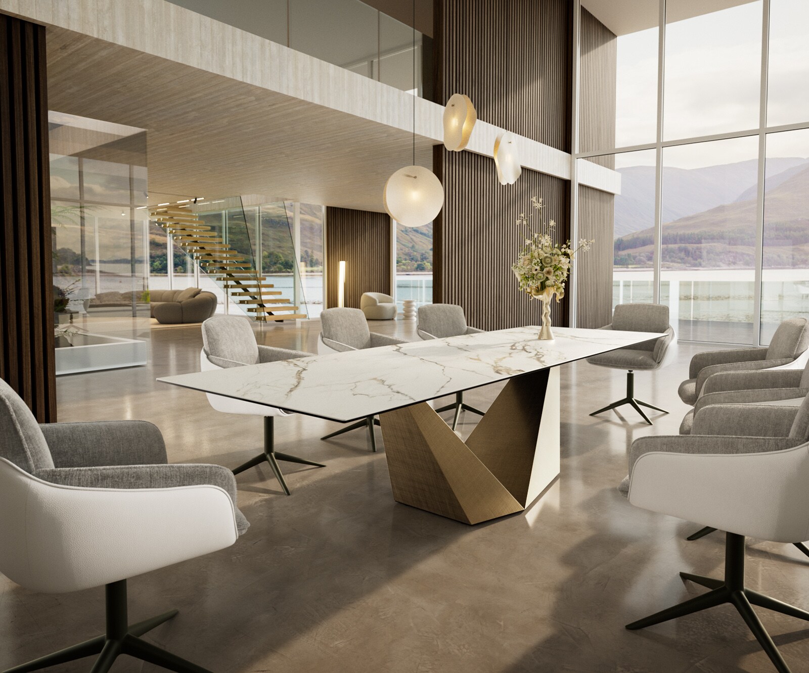 Esstisch Edge 300x100 Keramik Calacatta Luxe Weiß-Gold-Grau Prisma Metallic Gold 6