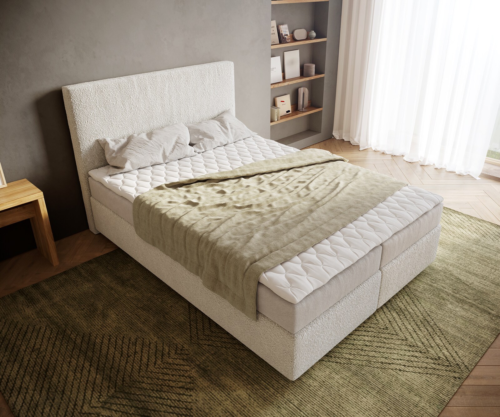 Lit-à-sommier-tapissier Dream-Well 140x200 cm Bouclé Crème-Blanc avec matelas et surmatelas 3