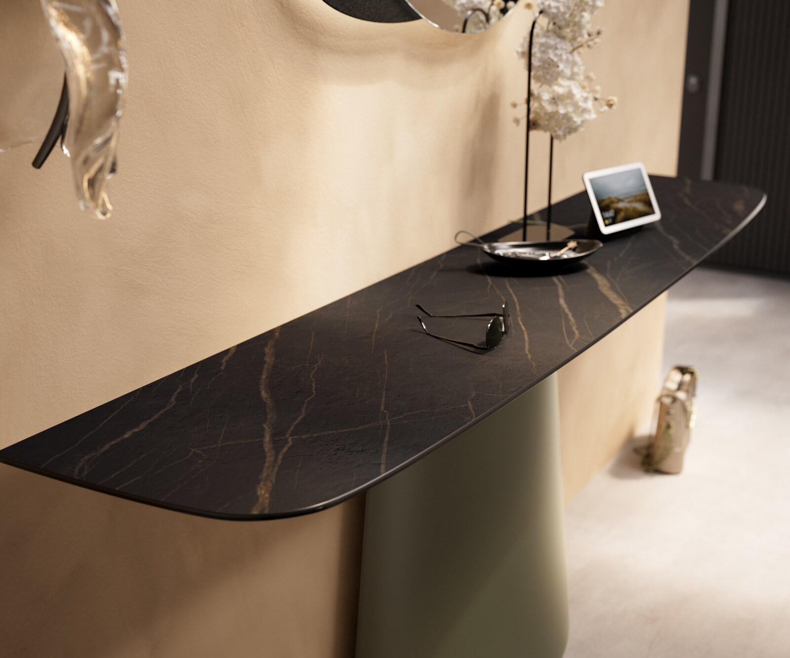 Console Edge forme bateau 180x40 cm Céramique Laminam® Noir Desir Braun Conos Métal Effektfinish Titan 5