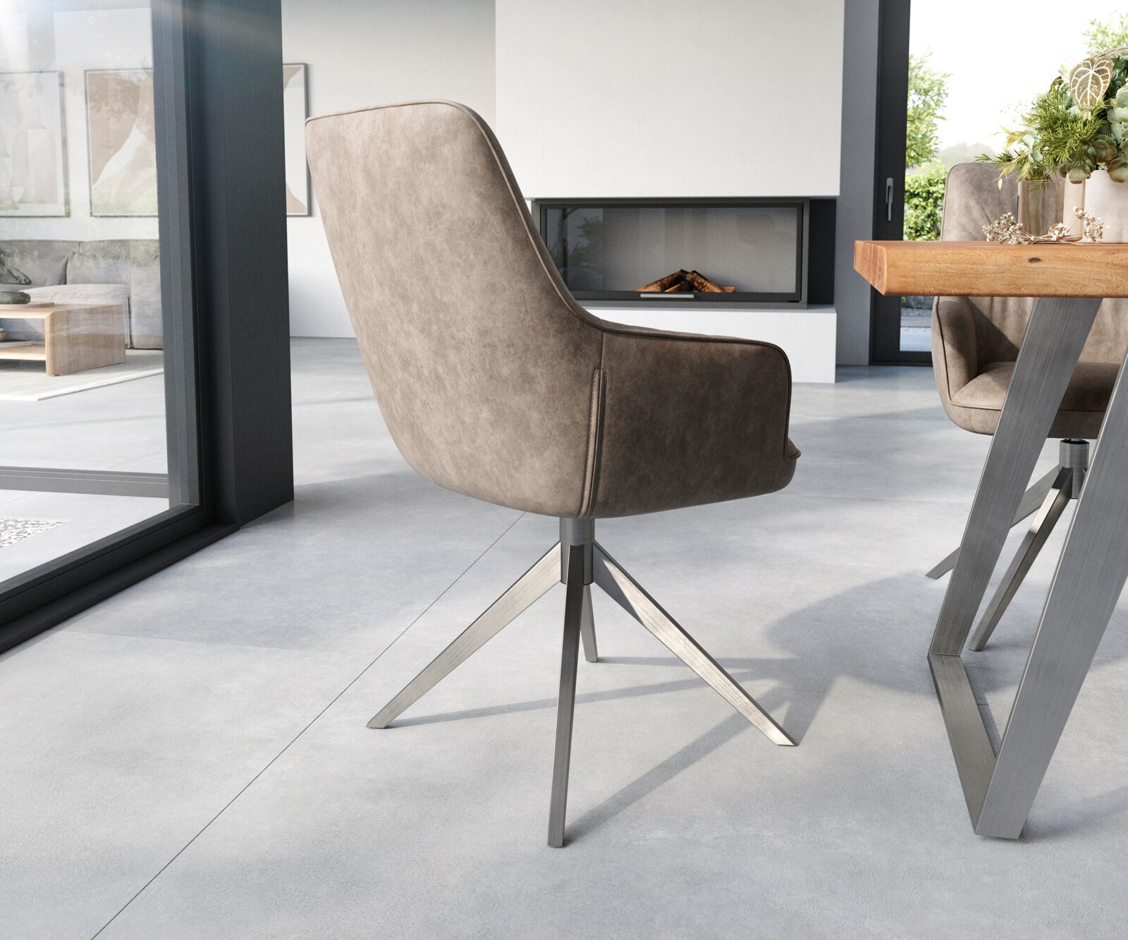 Chaise-de-salle-à-manger Zelia-Flex avec accoudoirs microvelours taupe vintage pied croisé large acier inoxydable brossé ressorts ensachés 4