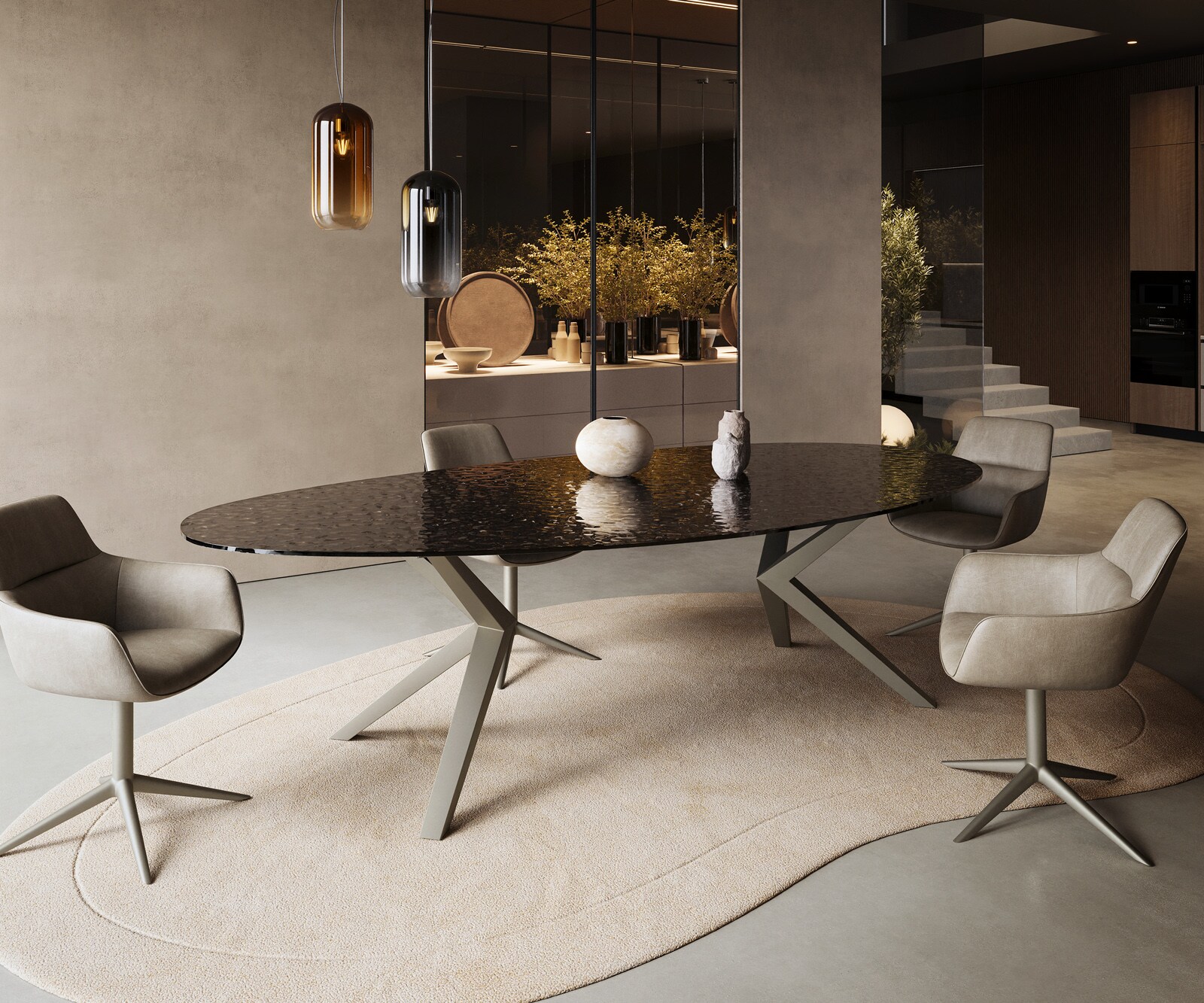 Esstisch Edge Oval 280x130 Reliefglas Rauchschwarz 3D-Design Zenthara kantig Metall Effektfinish Titan 4