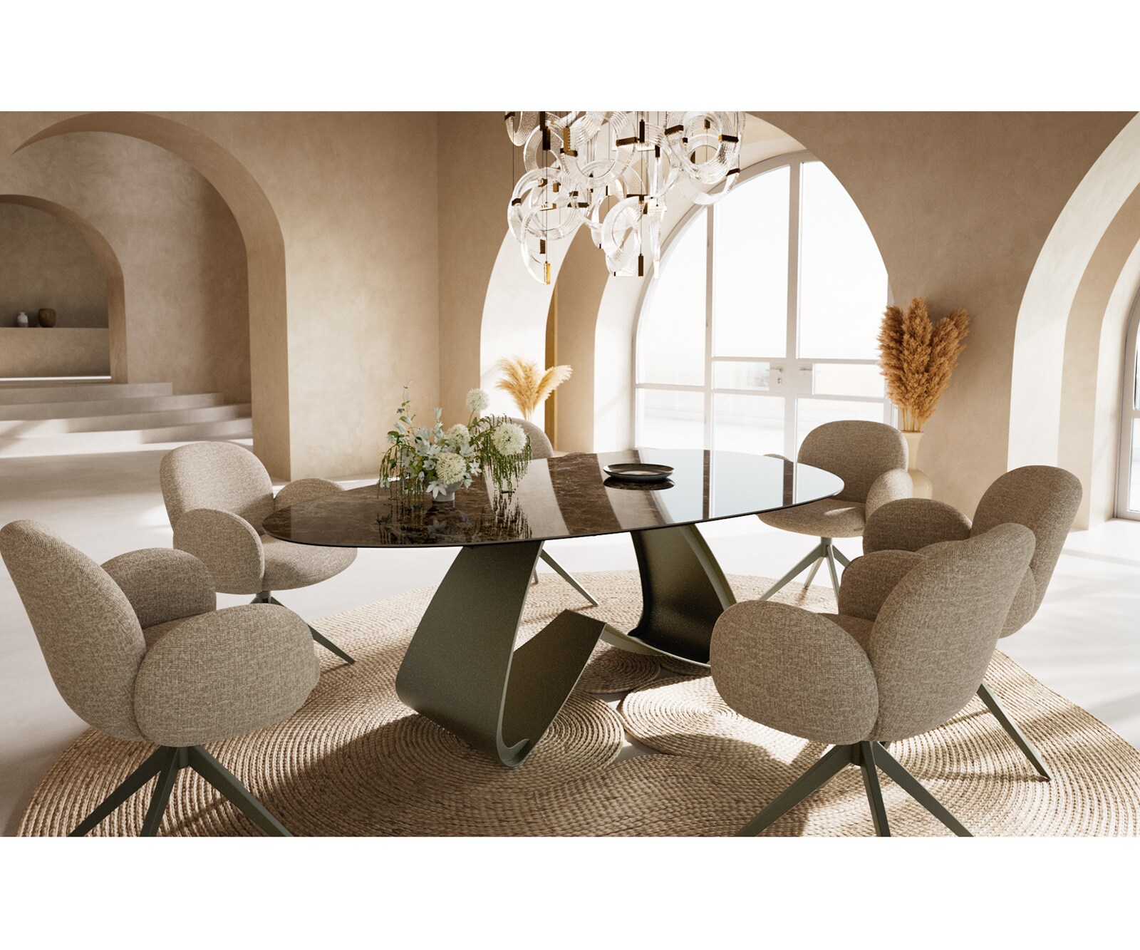 Table à manger Edge ovalee 220x120 céramique Laminam® Emperador Extra Lucidato marron foncé cadre en W métal effet finition titanee 6