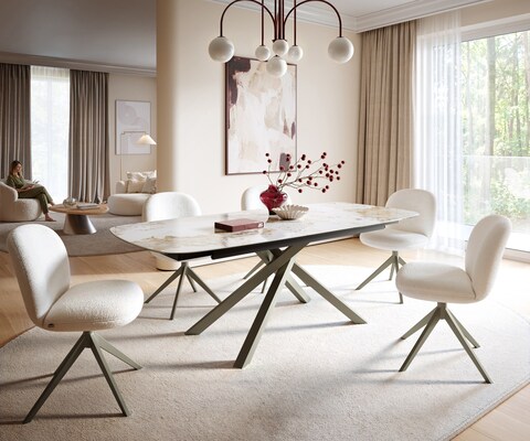 Table à manger Edge Boot 180-220x100 cm Céramique Minas Melange Blanc-Beige piètement en croix Rectangle Finition effet Titan extensible
