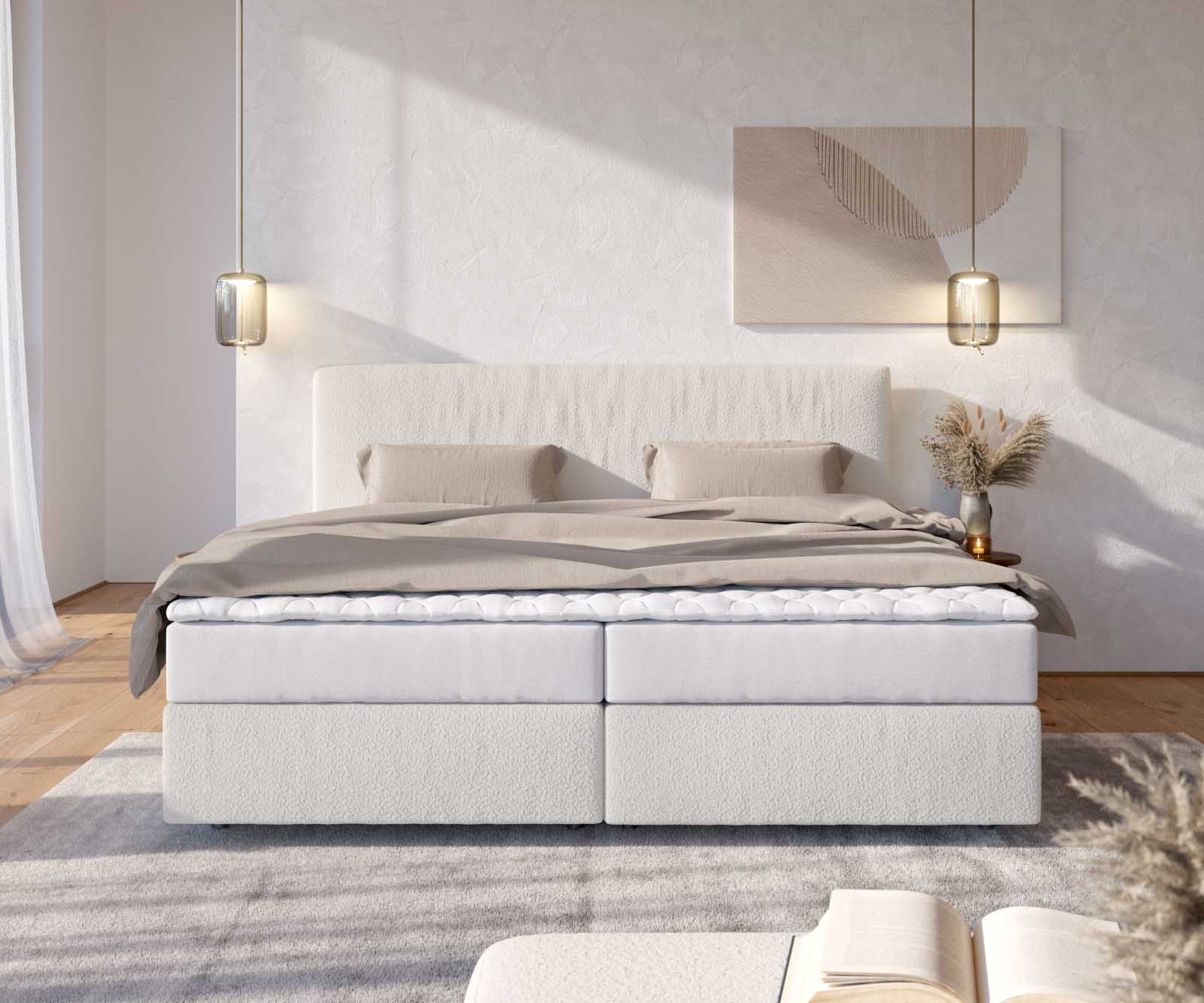 Boxspringbett Dream-Well Bouclé Creme-Weiß 200x200 cm mit Taschenfederkernmatratze und Topper Visco 1 Boxspringbett Dream-Well Bouclé Creme-Weiß 200x200 cm mit Taschenfederkernmatratze und Topper Visco 1