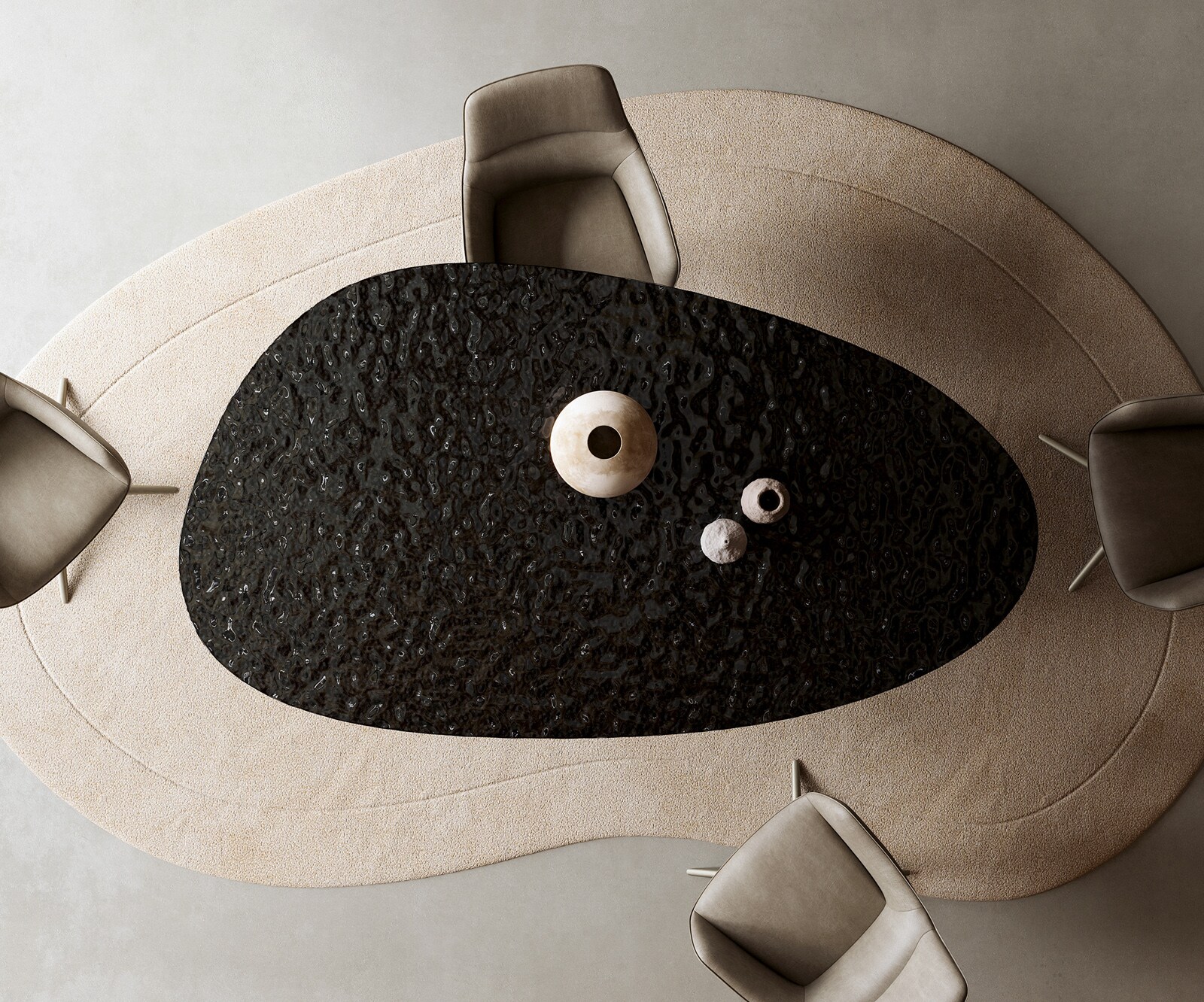 Esstisch Edge Oval 220x120 Reliefglas Rauchschwarz 3D-Design Zenthara kantig Metall Effektfinish Titan 5