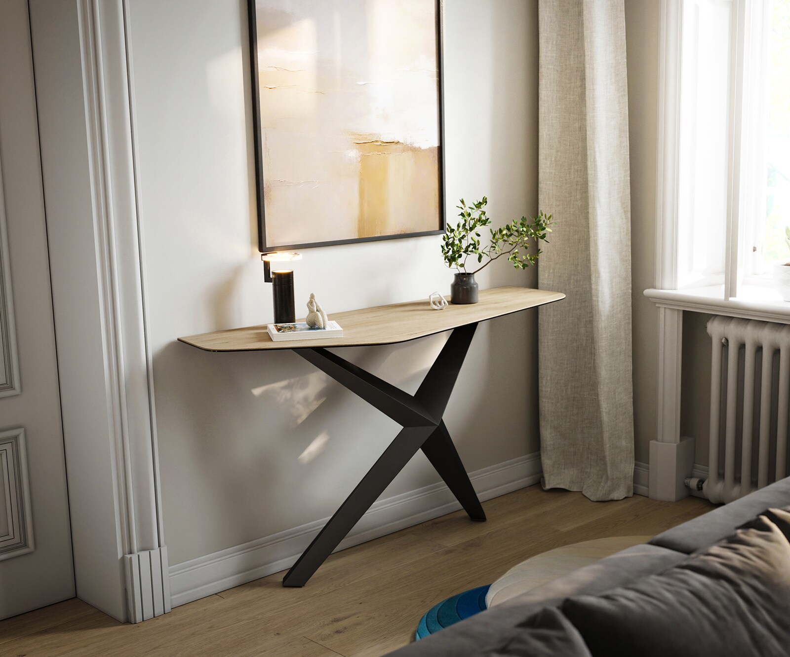 Konsolentisch Edge Polygonal 140x50 cm Keramik Laminam® Sabbia Eichefarbig Zentharo Metall Schwarz 3