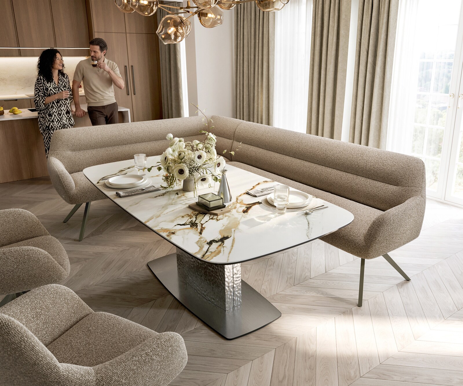 Esszimmerbank Taya-Flex 285x190 cm Bouclé Schlamm Kreuzgestell kantig Effektfinish Titan Taschenfederkern Rechts