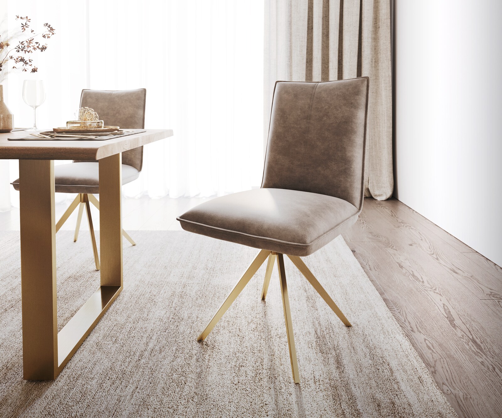 Chaise-pivotante Lelio-Flex Taupe Vintage piétement croisé angulaire doré pivotant à 180° ressorts ensachés