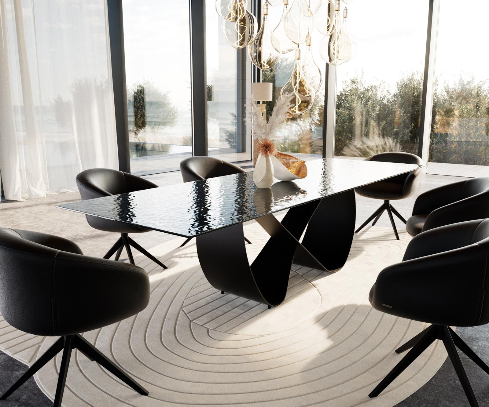 Esstisch Edge 300x100 Reliefglas Rauchschwarz 3D-Design Infinity Metall Schwarz 6 Esstisch Edge 300x100 Reliefglas Rauchschwarz 3D-Design Infinity Metall Schwarz 6