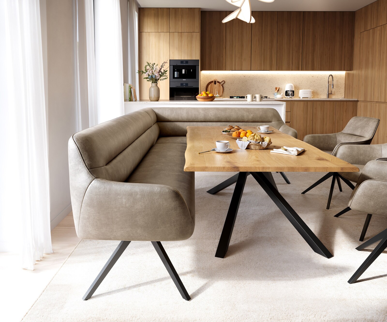 Esszimmerbank Taya-Flex 285x190 cm Mikrofaser Beige Vintage Kreuzgestell kantig Schwarz Taschenfederkern Links 1