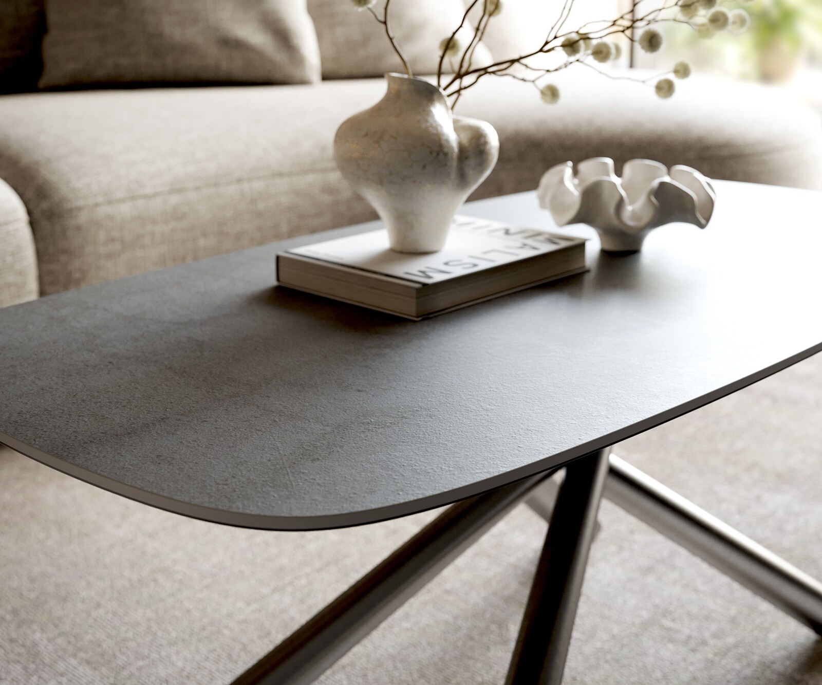 Table basse Edge forme bateau 100x50 cm céramique béton gris Sarity acier inoxydable brossé 3