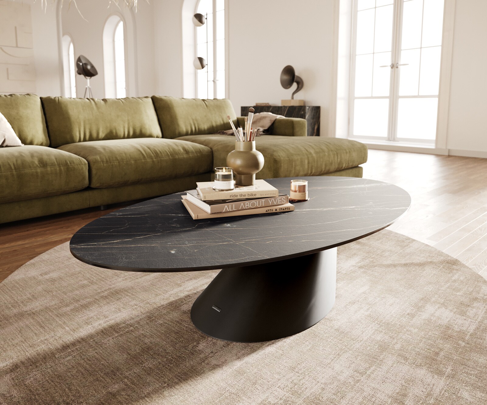 Table basse Edge Oval 140x80 cm céramique Laminam® Noir Desir brun Parabi acier inoxydable brossé 1