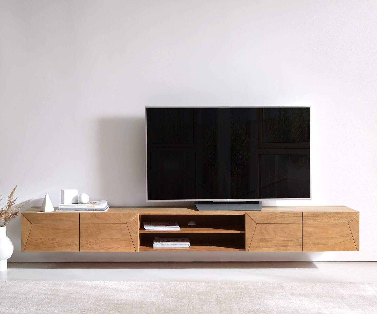 Meuble-TV Kayu 240 cm acacia naturel 4 portes flottantes 1