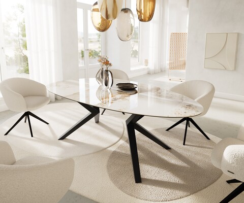 Table à manger Edge Ovale 220x120 Céramique Minas Melange Blanc-Beige Zenthara anguleux Métal Noir