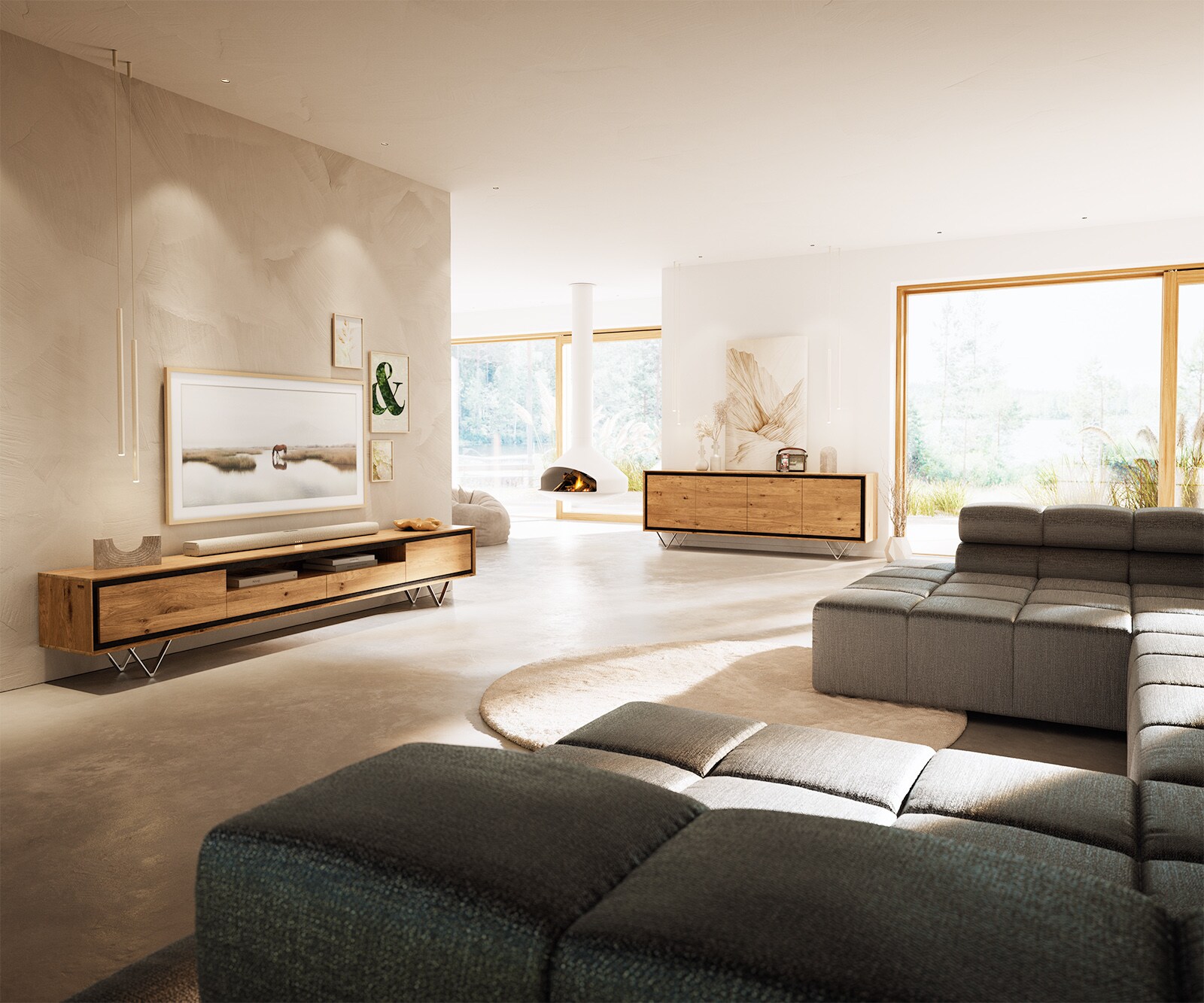 Buffet Stonegrace 200 cm chêne naturel 4 portes placage pierre pied en V inoxydable 5