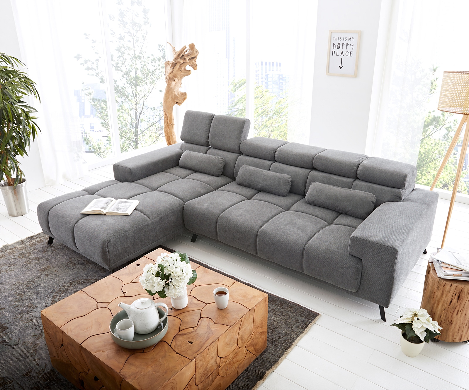 Ecksofa Ordino 285x200 Mikrofaser Grau Ottomane links elektrische Sitztiefenverstellung 5