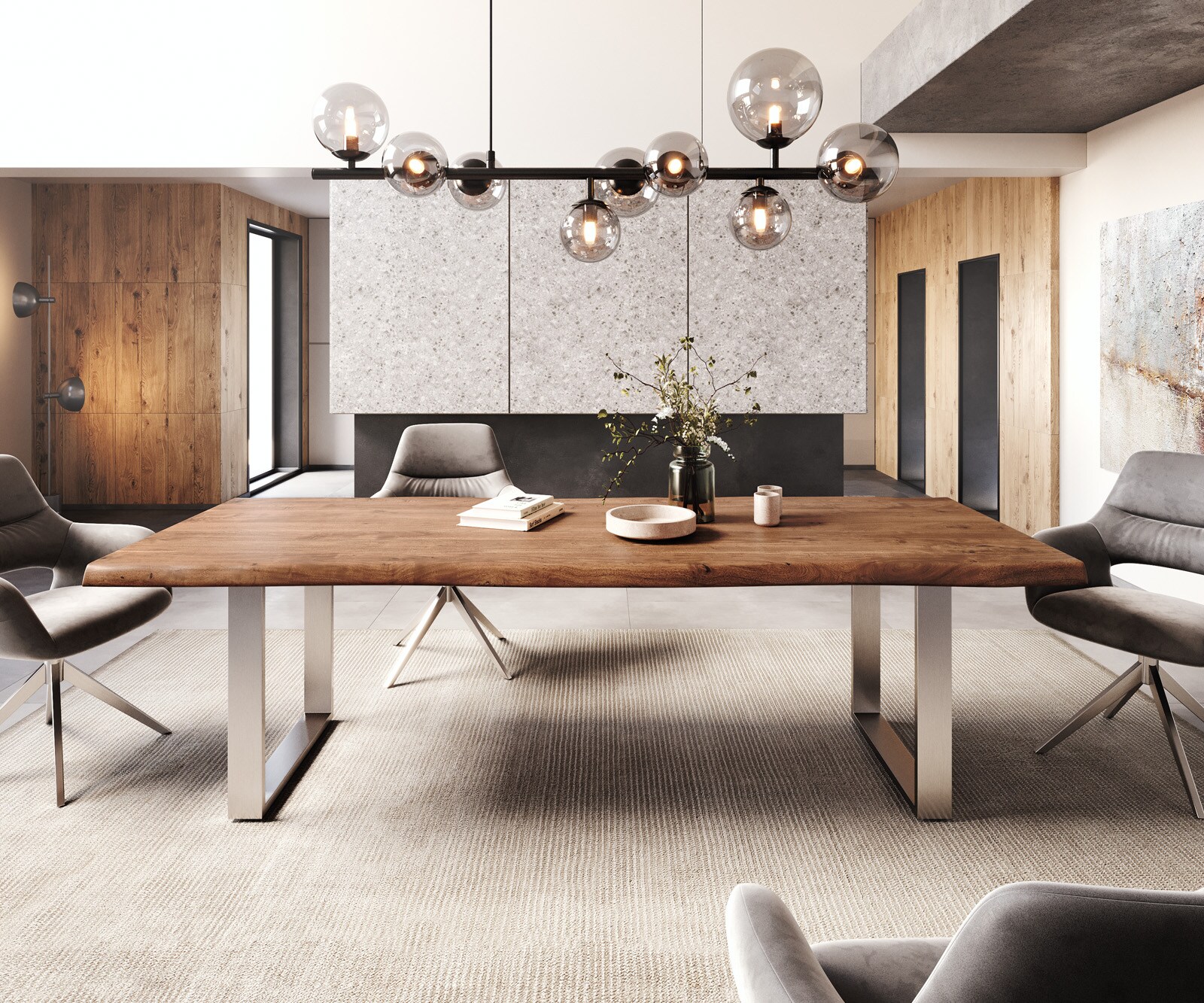 Esstisch Edge 260x100 XL Akazie Braun Edelstahl Schmal Live-Edge 2