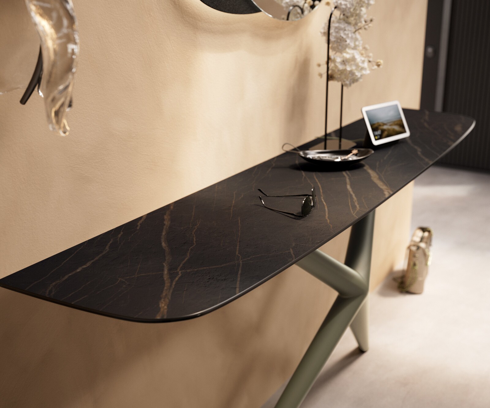 Konsolentisch Edge Boot 180x40 cm Keramik Laminam® Noir Desir Braun Estelo Metall Effektfinish Titan 5