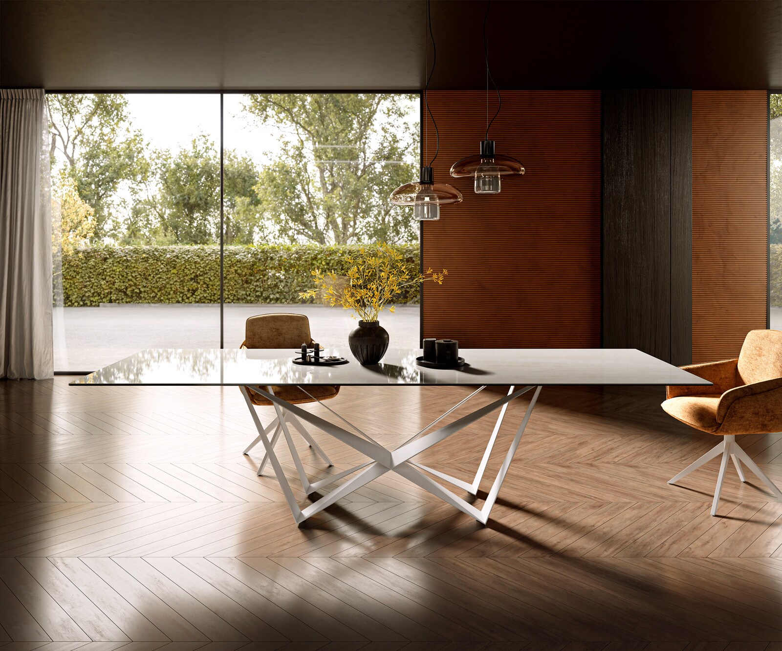 Table à manger Edge 300x100 cm céramique Onyx Champagne Spider métal blanc 2