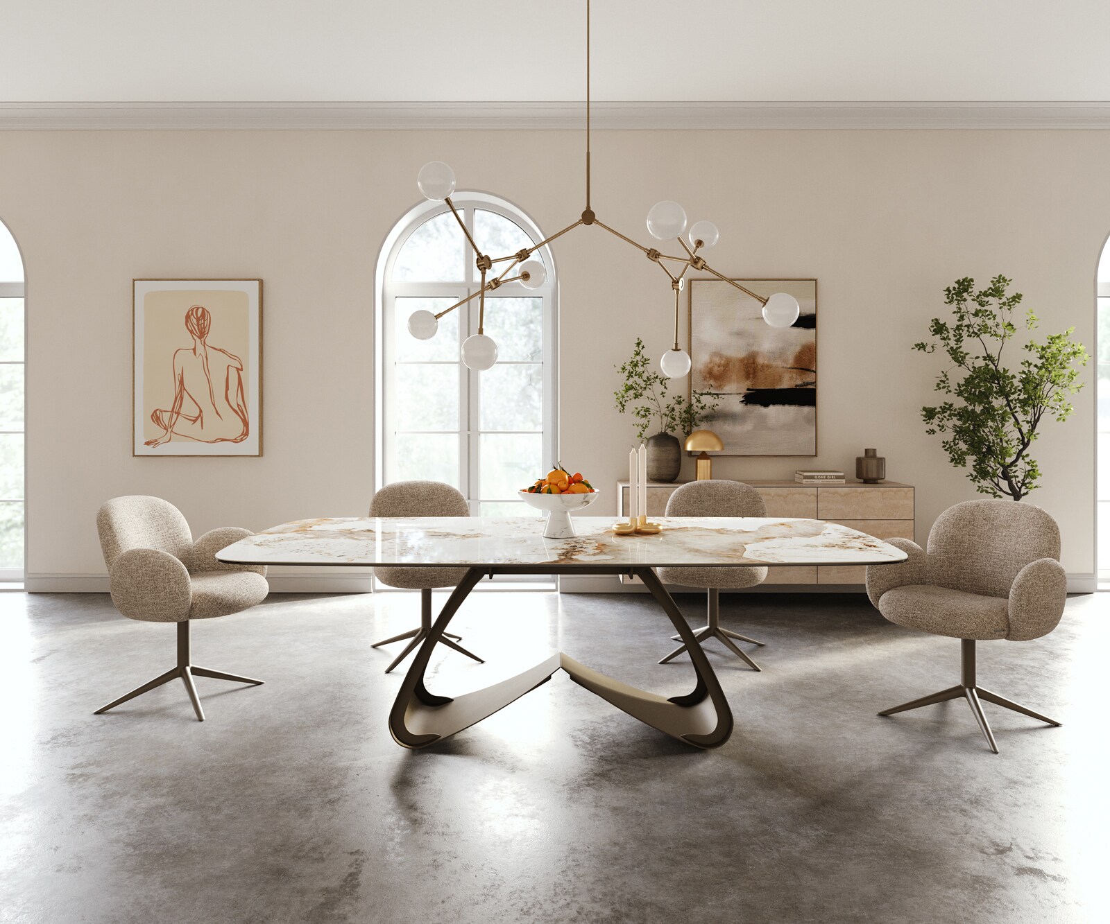 Table à manger Edge Boot 240x120 cm Céramique Minas Melange Blanc-Beige piètement en W Métal Finition effet Titan 1