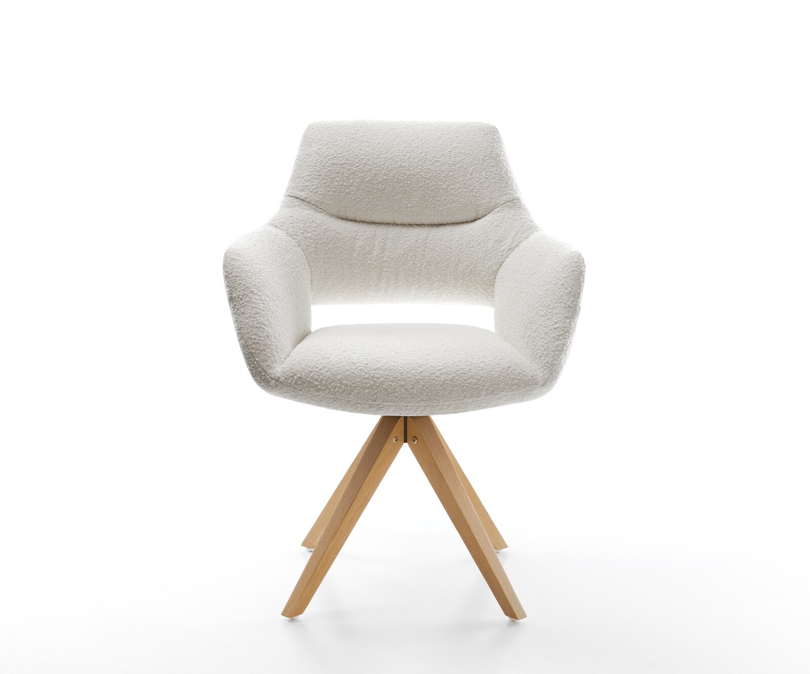 Chaise-pivotante Yago-Flex avec accoudoirs bouclé crème-blanc pied en bois angulaire naturel pivotement sur 180° ressorts ensachés 2