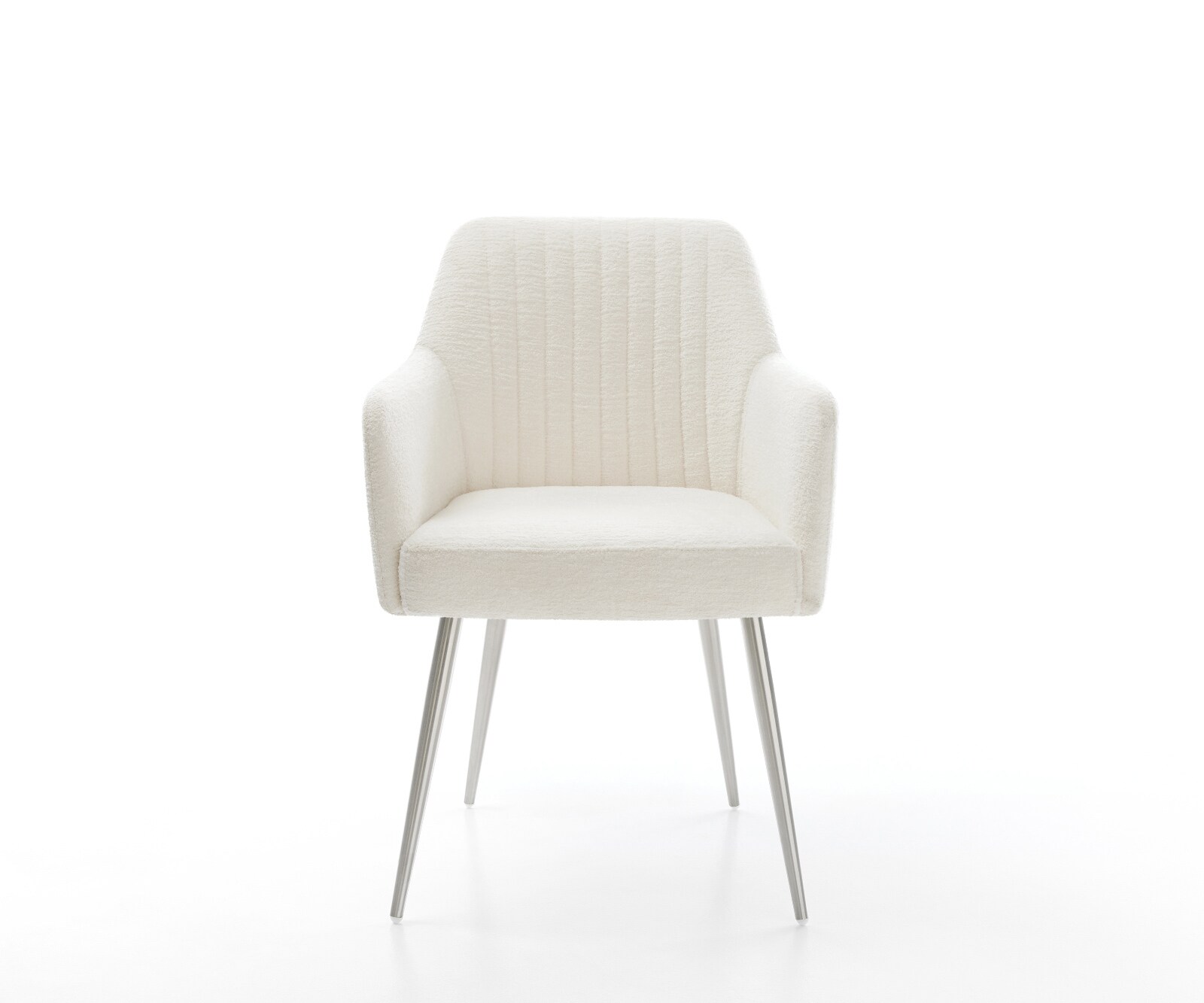 Chaise-de-salle-à-manger Greg-Flex bouclé doux beige 4 pieds coniques acier inoxydable resorts ensachés 1