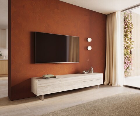 Lowboard Cuor 220 cm Keramik Laminam® Travertino Bianco Creme-Weiß 1 Klappe 2 Schubfächer Fuß Schwebeoptik Acrylglas