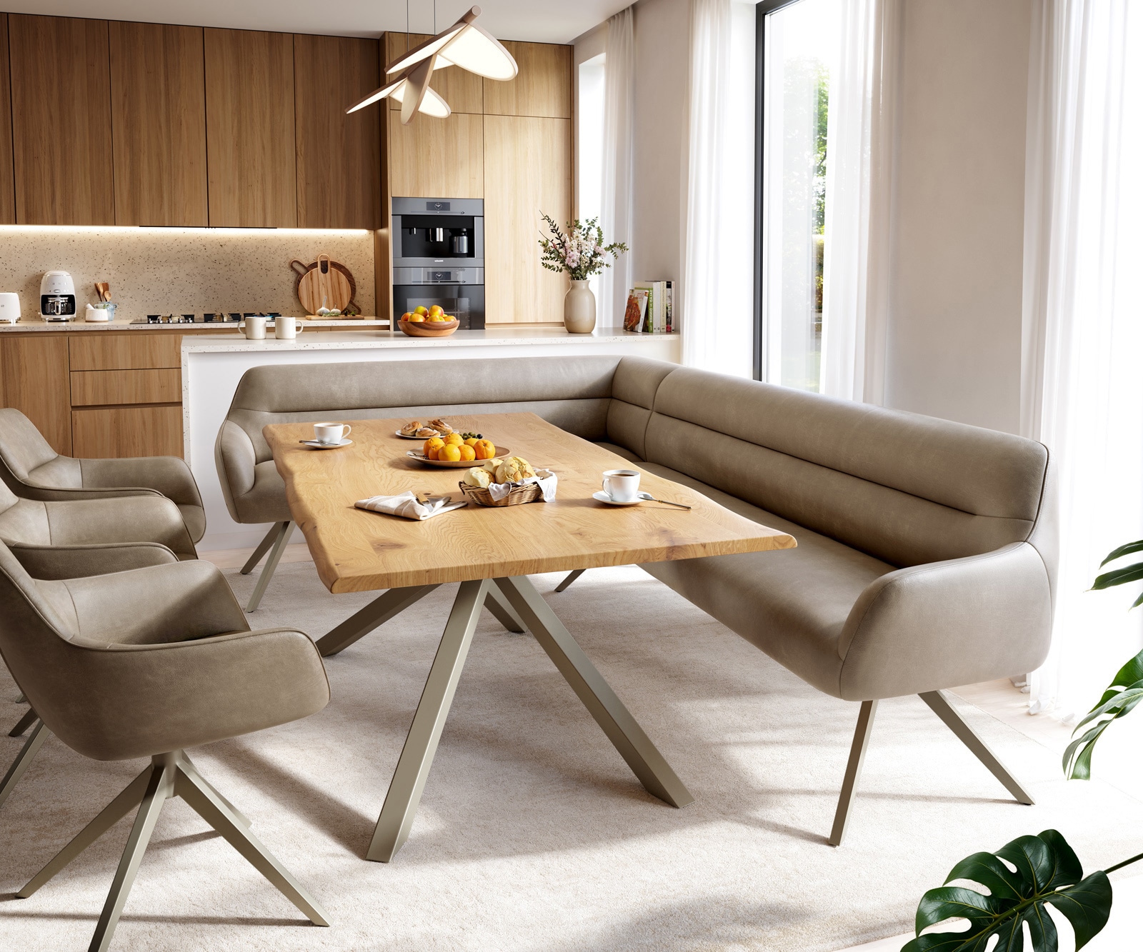 Esszimmerbank Taya-Flex 285x190 cm Mikrofaser Beige Vintage Kreuzgestell kantig Effektfinish Titan Taschenfederkern Rechts 1
