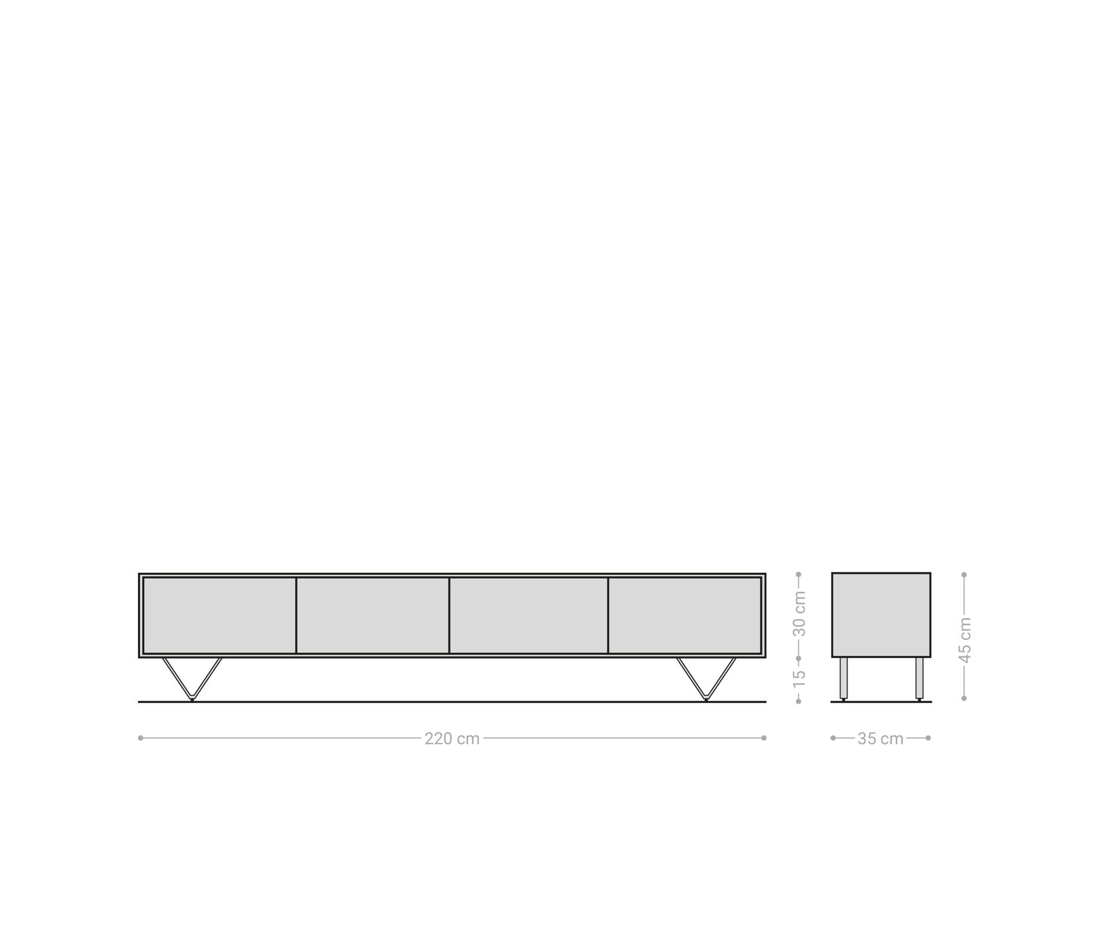 Meuble TV Kleo 220 cm acacia naturel 4 portes pied en V inox 8