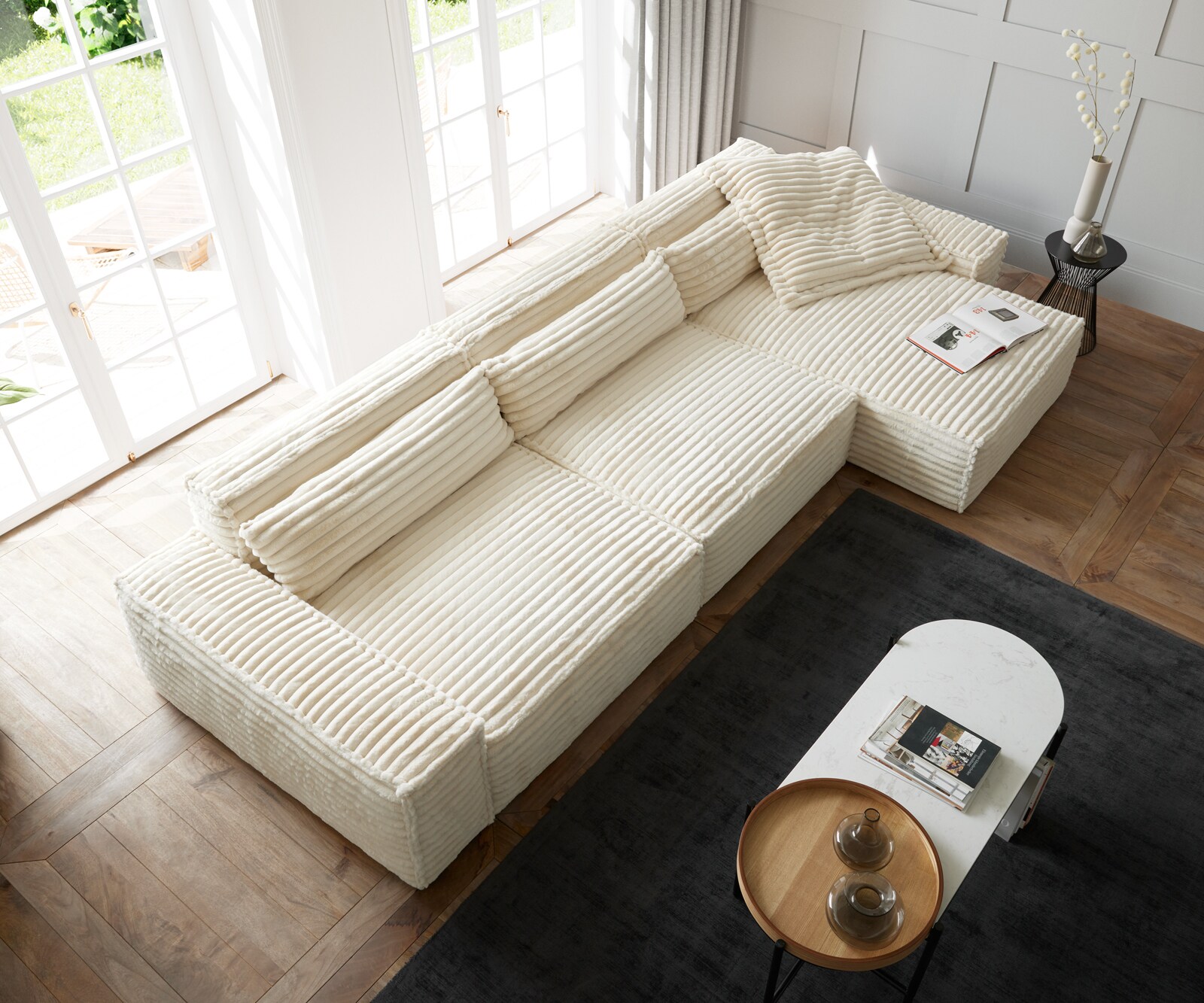 Ecksofa Sirpio XL 370x170 cm Plüschcord Beige Recamiere variabel 3 Ecksofa Sirpio XL 370x170 cm Plüschcord Beige Recamiere variabel 3