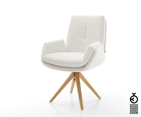 Drehstuhl Clea-Flex Bouclé Creme-Weiß Holzgestell kantig Natur 360° drehbar