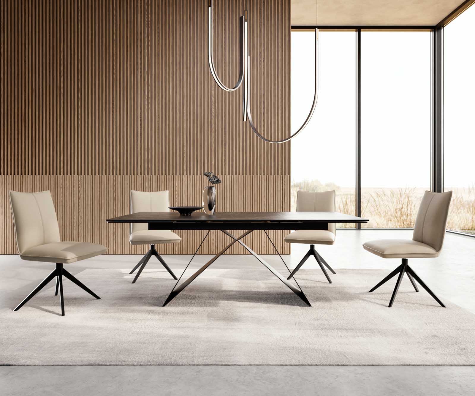 Table à manger Edge 200-300x100 céramique Laminam®Noir Desir marron cadre en V acier plat noir extensible 4