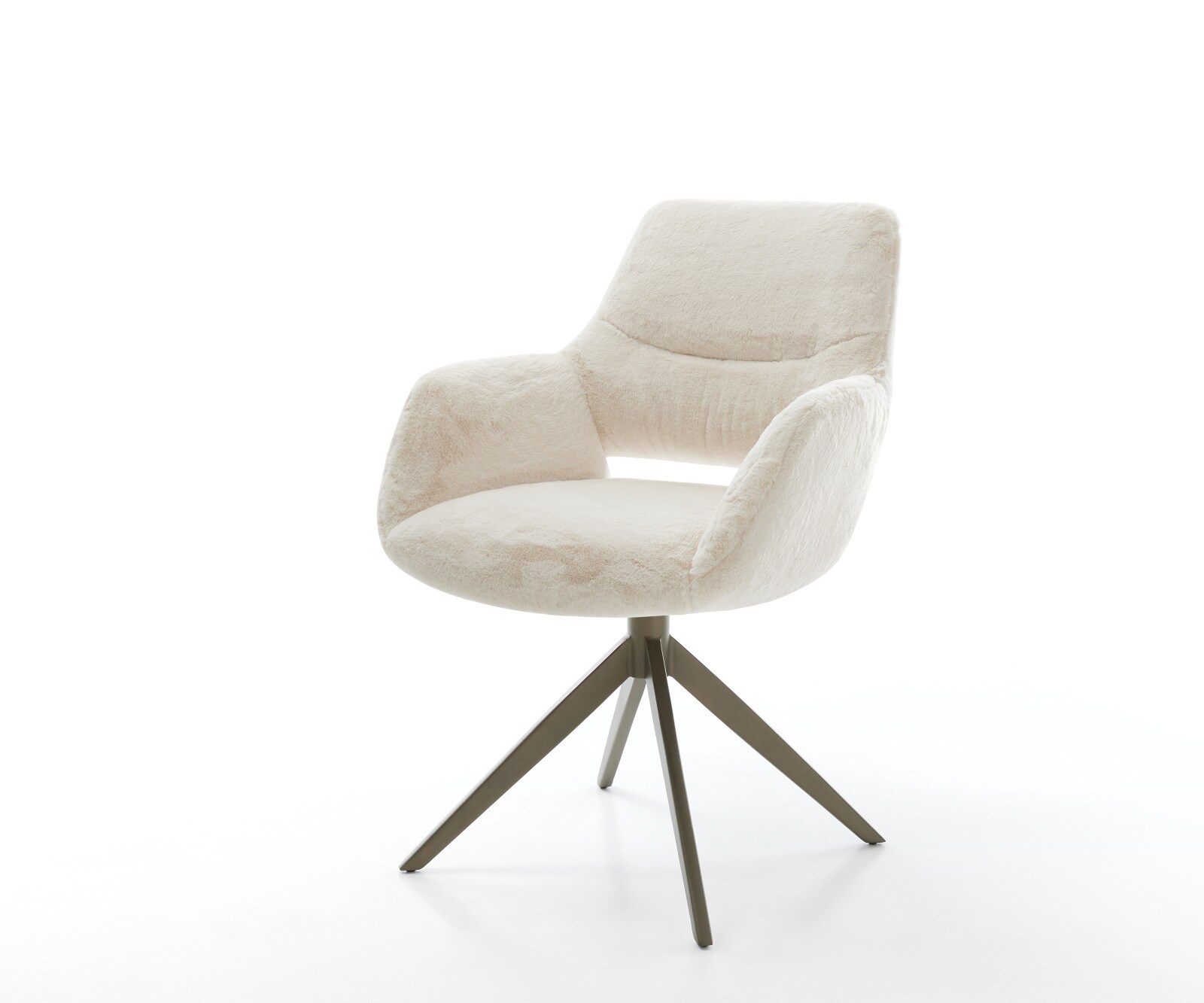 Chaise-pivotante Yago-Flex avec accoudoirs peluche crème-blanc pied croisé large aspect titane pivotement sur 360° fonction bascule resorts ensachés