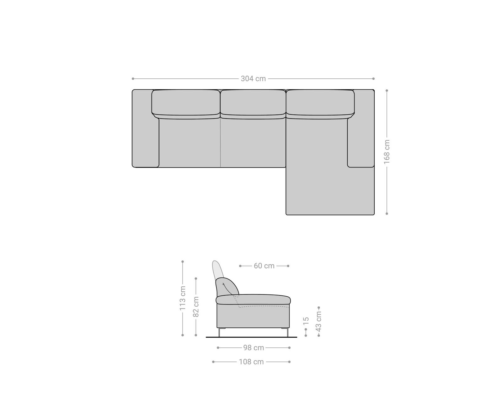 Ecksofa Selenya 305x170 Struktur Steingrau Relaxfunktion Longchair rechts by ES brand 5