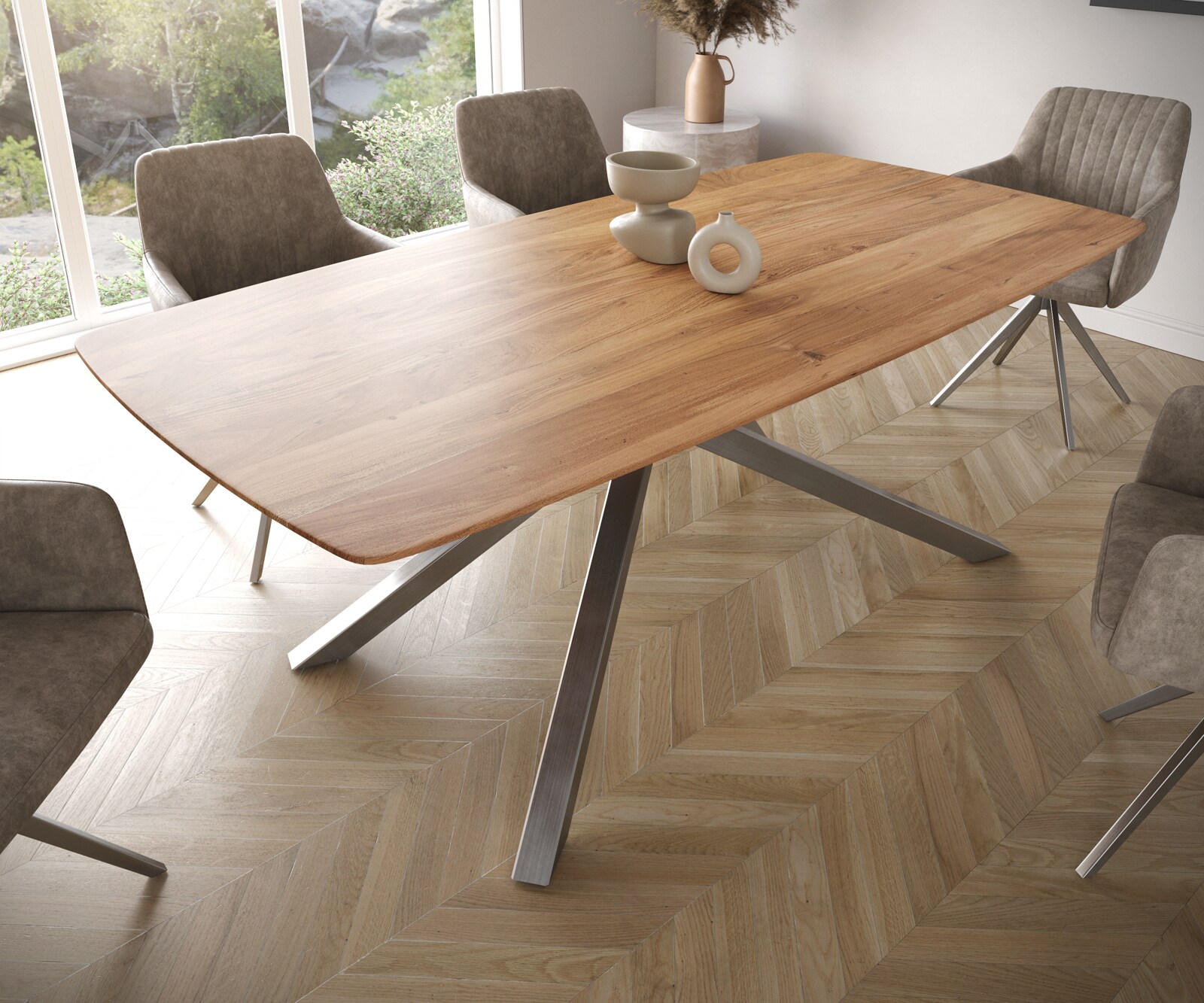Table à manger Edge Boot 200x100 acacia nature cadre croisé rectangle acier inoxydable bord suisse 4