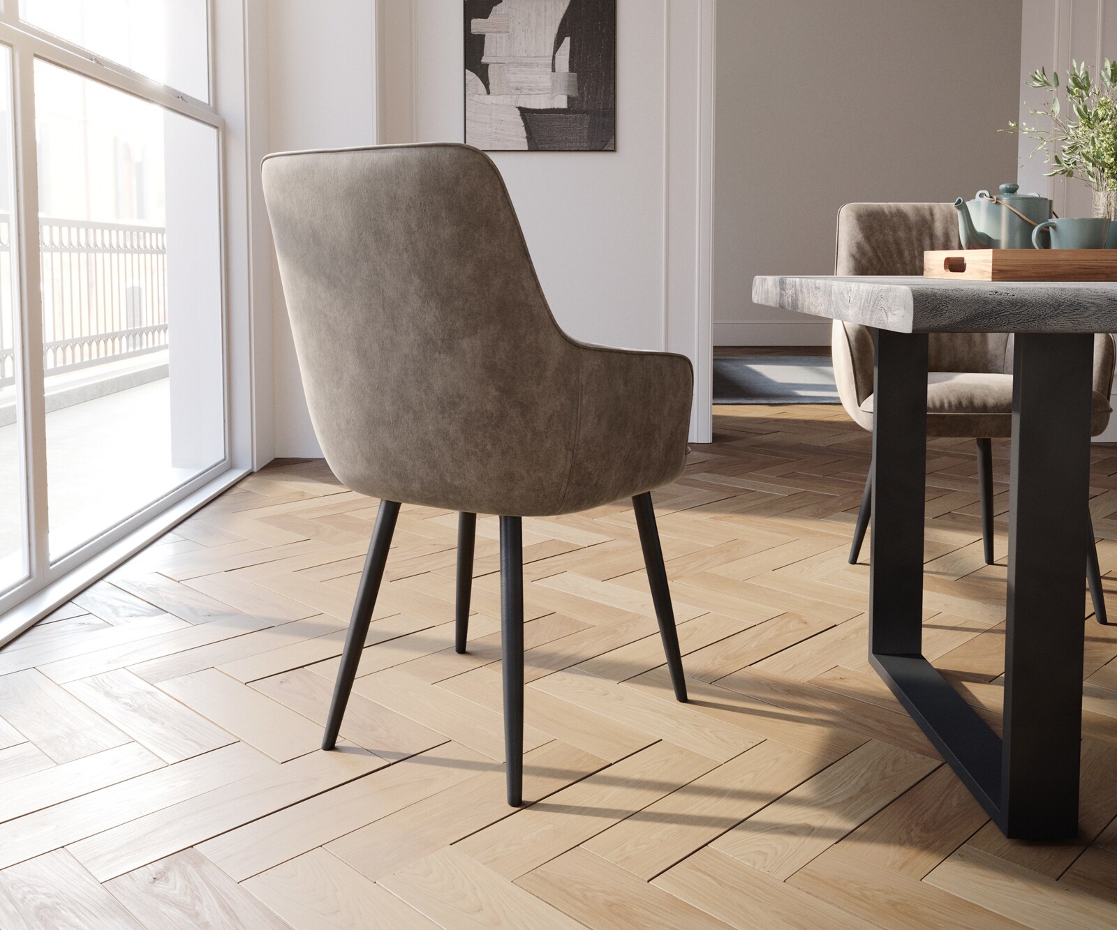 Chaise-de-salle-à-manger Zelia-Flex avec accoudoirs microvelours taupe vintage 4 pieds coniques noir ressorts ensachés 5