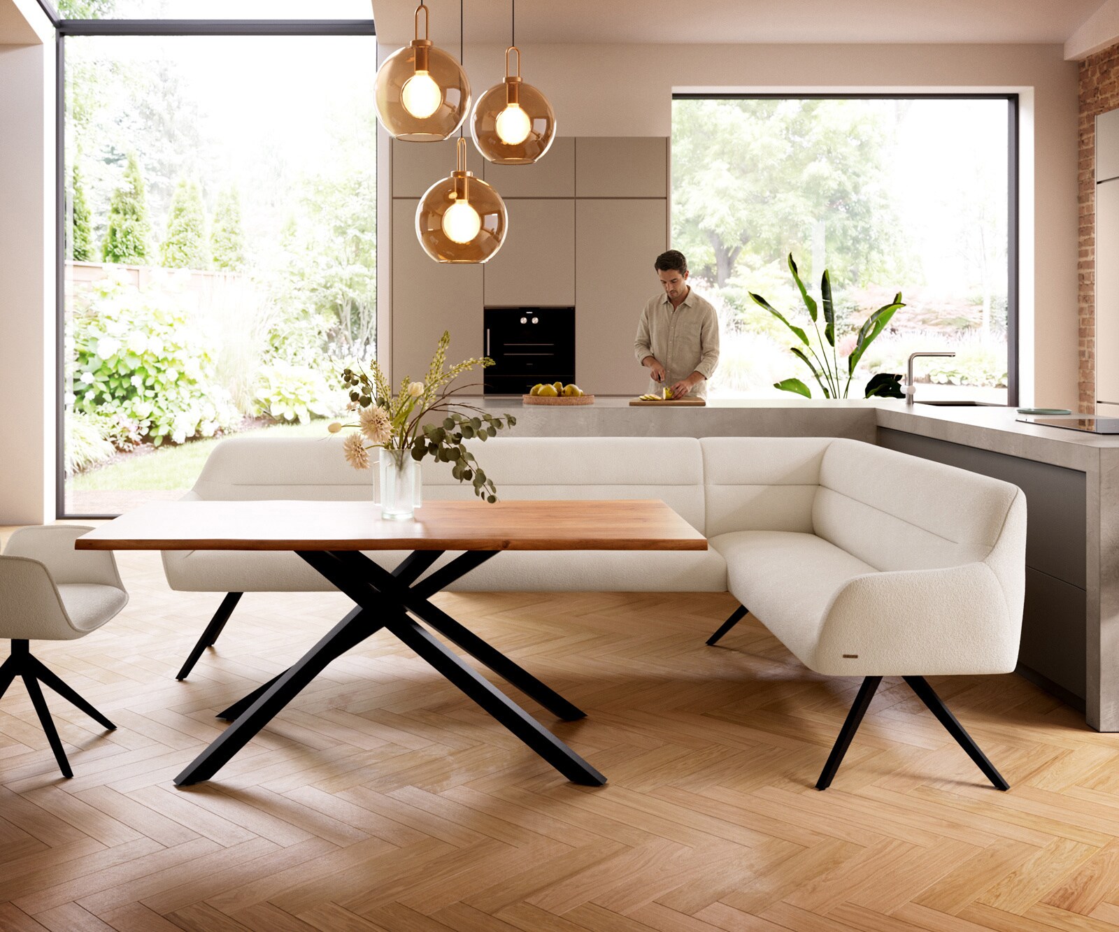 Banc-de-salle-à-manger Taya-Flex 285x190 cm bouclé crème-blanc pied croisé angulaire noir ressort ensaché liens 2