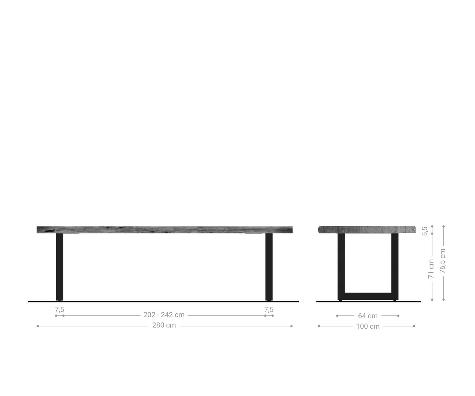 Esstisch Edge 280x100cm XL Akazie Natur Edelstahl breit Live-Edge 6