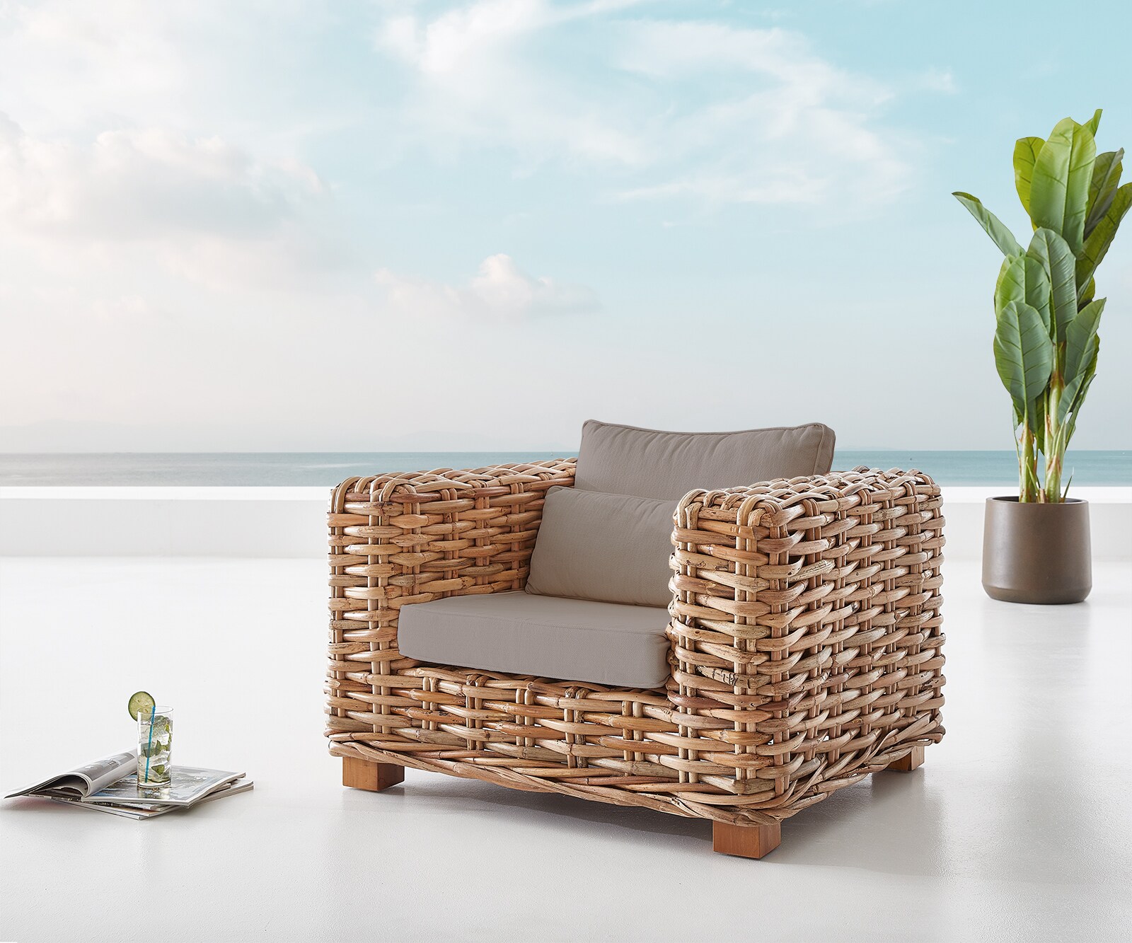 Fauteuil-Lounge Nizza rotin naturel avec coussins marron 1