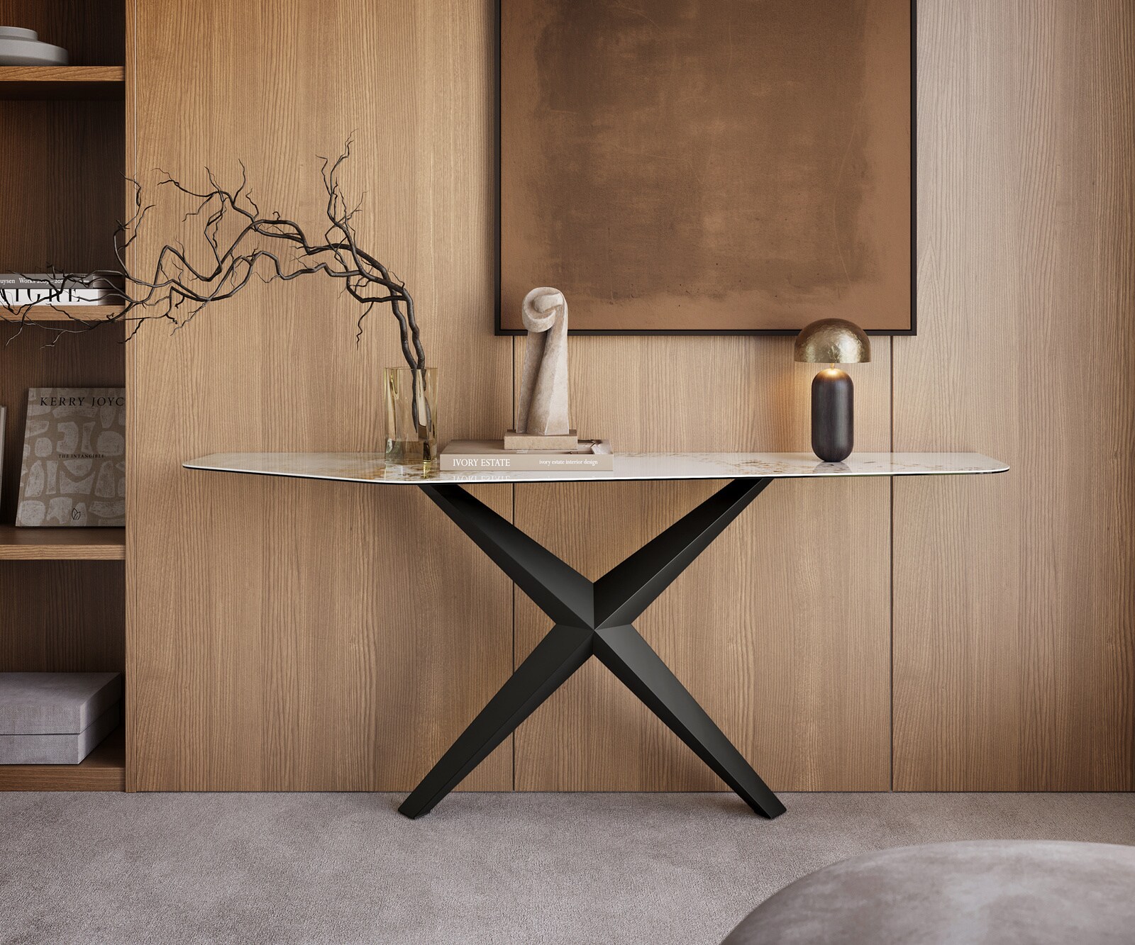 Console Edge Polygonal 180x50 cm Céramique Minas Melange Weiß-Beige Zentharo Métal Noir 4