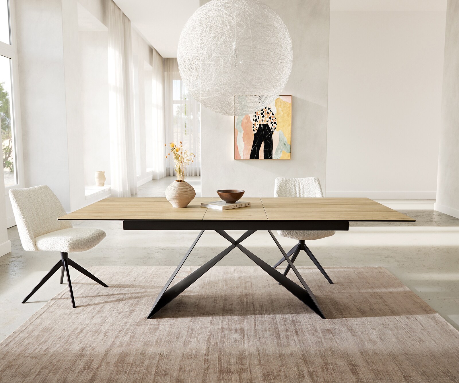 Esstisch Edge 180-220x100 Keramik Laminam® Sabbia Eichefarbig V-Gestell Flachstahl Schwarz ausziehbar 1