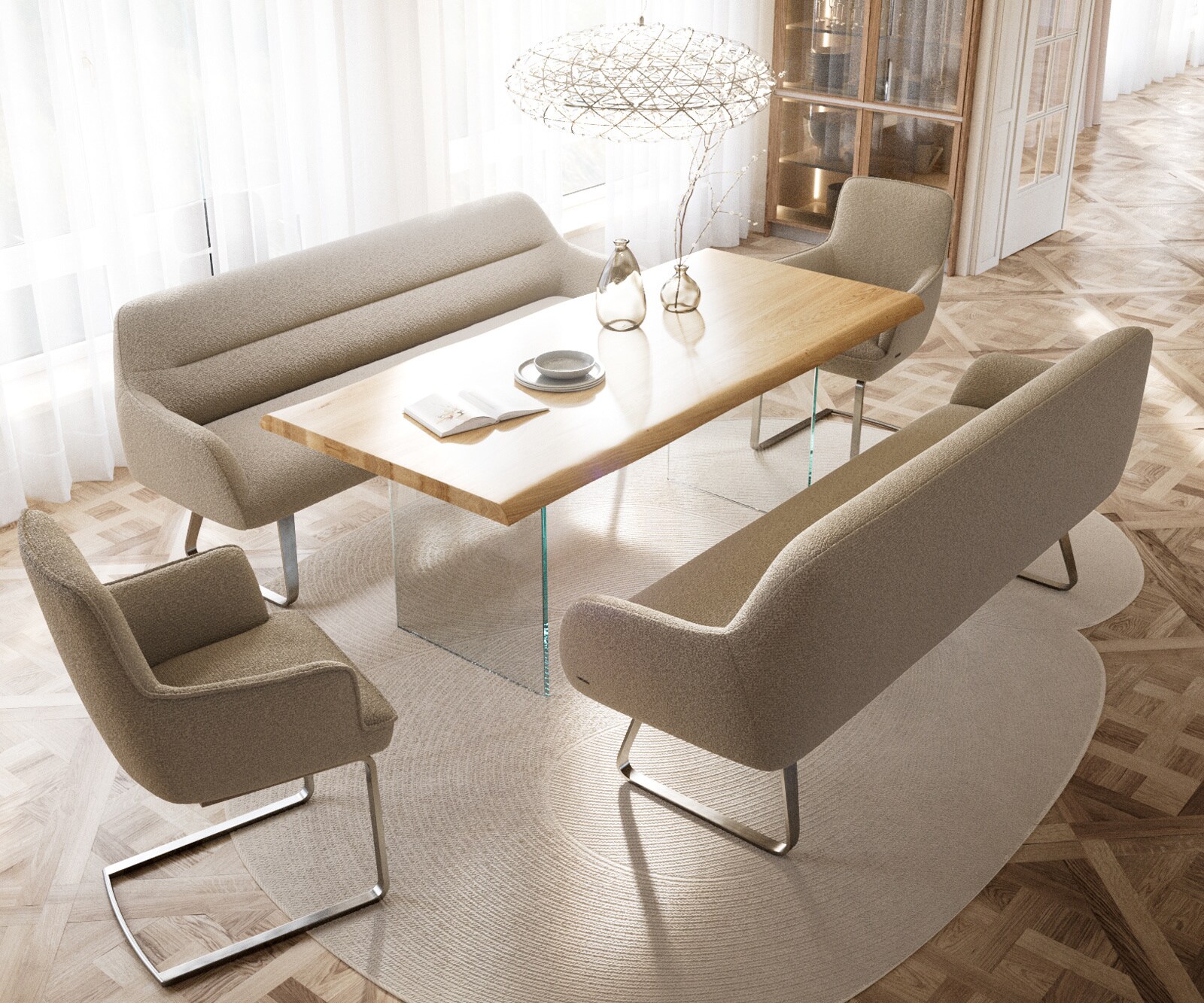 Esszimmerbank Taya-Flex 200 cm Bouclé Schlamm Kufengestell flach Edelstahl Taschenfederkern 3