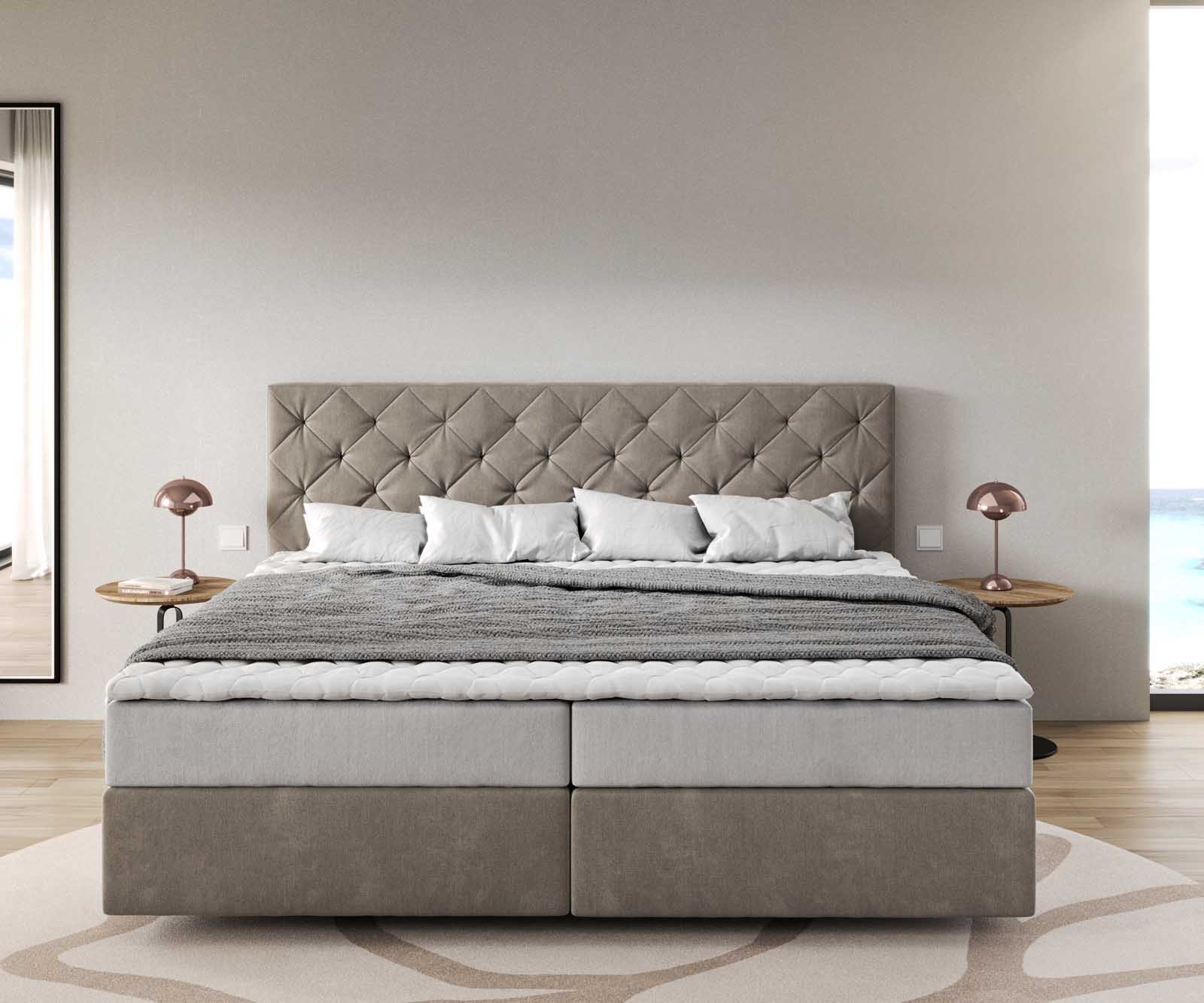 Lit à sommier tapissier Dream-Great Microfibre beige 200x200 cm avec matelas à ressorts ensachés et surmatelas en mousse viscoélastique 1