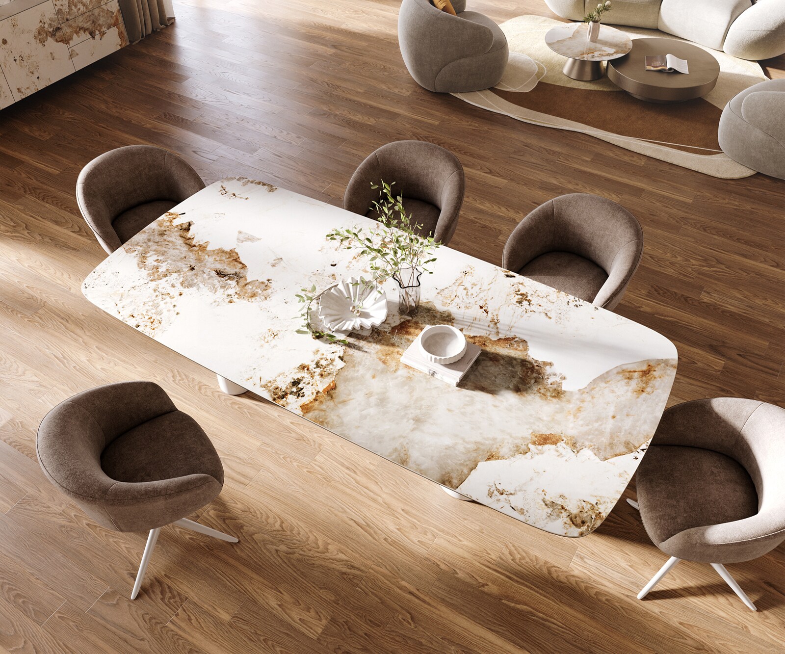 Table à manger Edge Boot 260x120 cm Céramique Minas Melange Blanc-Beige Pilier Métal Blanc 3