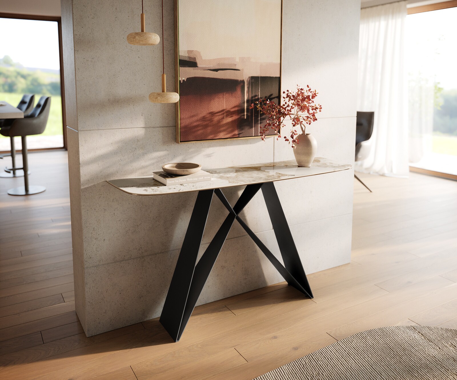 Console Edge forme bateau 140x40 cm Céramique Minas Melange Weiß-Beige Velio Métal Noir 1