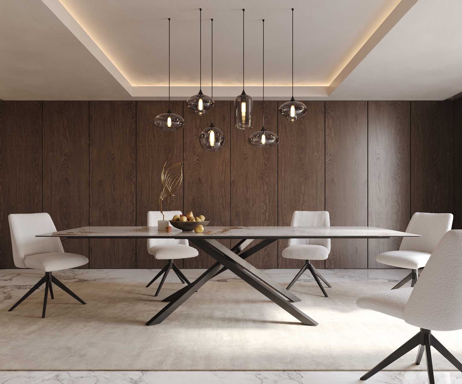 Esstisch Edge 300x100 Keramik Minas Melange Weiß-Beige Kreuzgestell Rechteck Schwarz 1